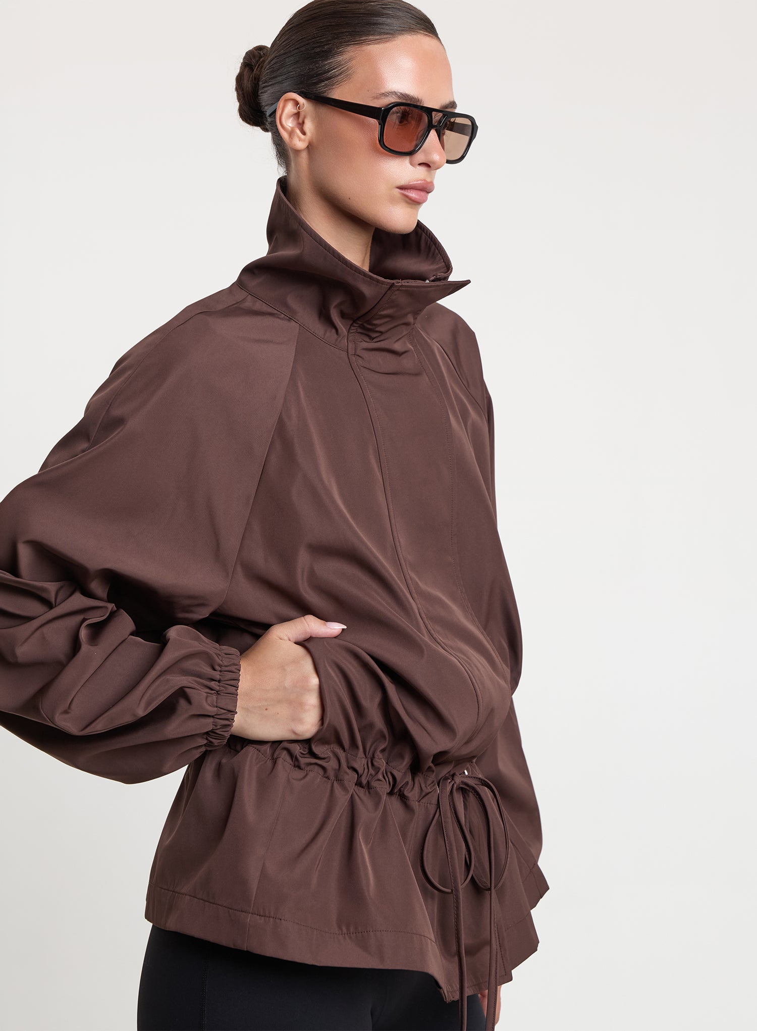 Chocolate Brown Peplum Hem Funnel Neck Jacket